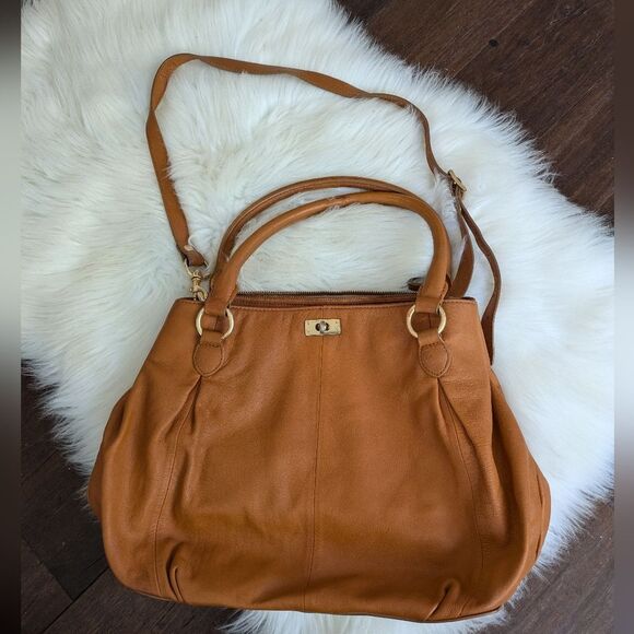 J Crew Collection Brompton Brown Tan Leather Satchel Crossbody - Picture 1 of 9